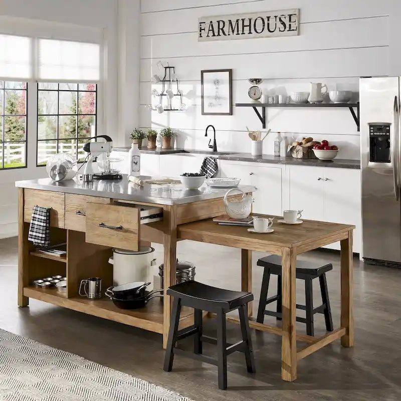 Îlot de cuisine extensible aspect récupéré avec 3 tiroirs – Chêne / Marron / Gris