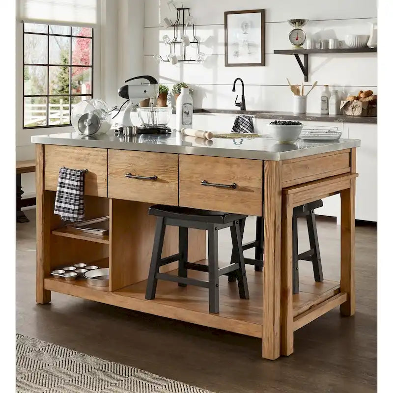 Îlot de cuisine extensible aspect récupéré avec 3 tiroirs – Chêne / Marron / Gris