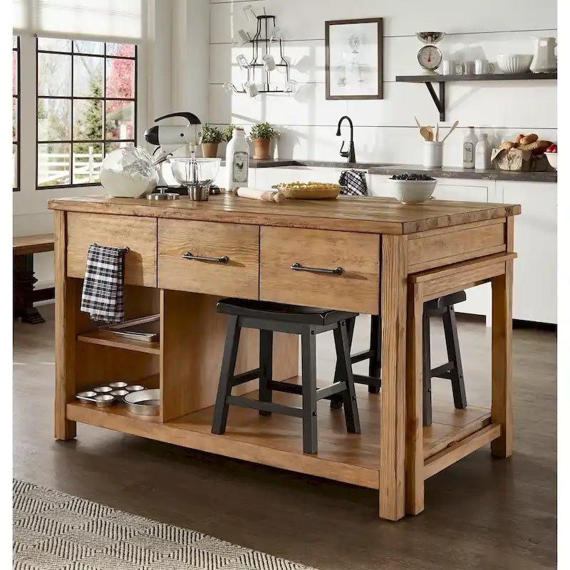 Îlot de cuisine extensible aspect récupéré avec 3 tiroirs – Chêne / Marron / Gris