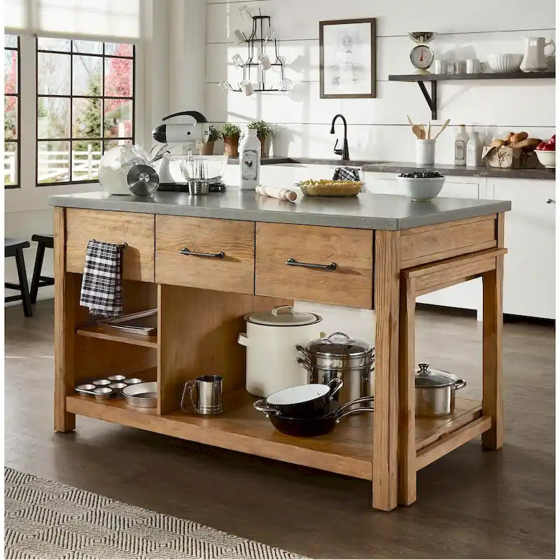 Îlot de cuisine extensible aspect récupéré avec 3 tiroirs – Chêne / Marron / Gris