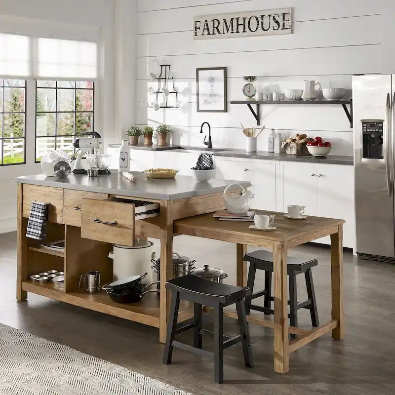 Îlot de cuisine extensible aspect récupéré avec 3 tiroirs – Chêne / Marron / Gris