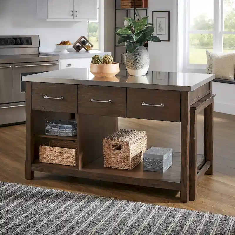 Îlot de cuisine extensible aspect récupéré avec 3 tiroirs – Chêne / Marron / Gris