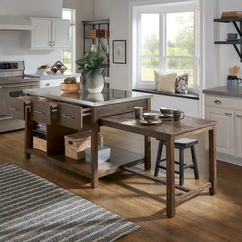 Îlot de cuisine extensible aspect récupéré avec 3 tiroirs – Chêne / Marron / Gris