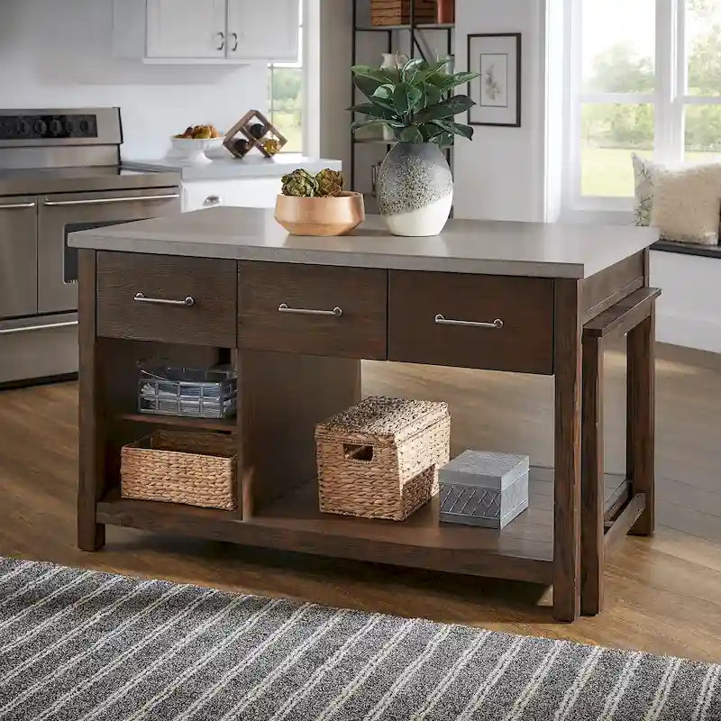 Îlot de cuisine extensible aspect récupéré avec 3 tiroirs – Chêne / Marron / Gris