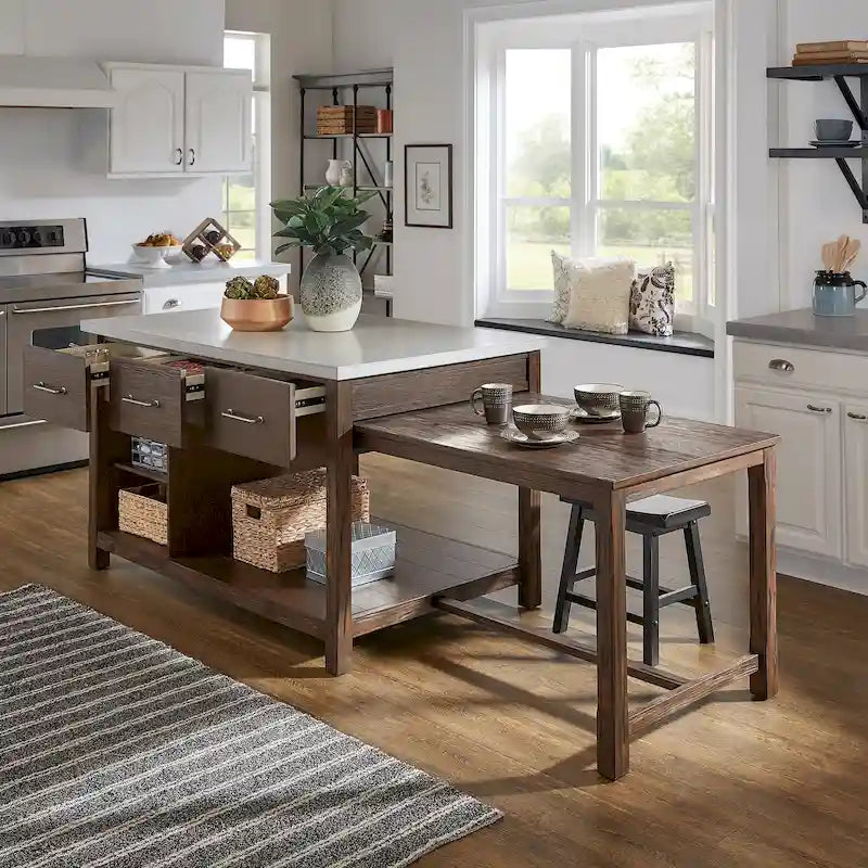 Îlot de cuisine extensible aspect récupéré avec 3 tiroirs – Chêne / Marron / Gris