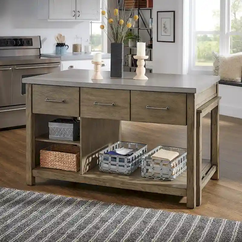 Îlot de cuisine extensible aspect récupéré avec 3 tiroirs – Chêne / Marron / Gris