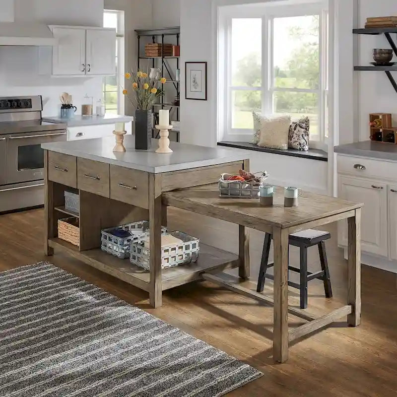 Îlot de cuisine extensible aspect récupéré avec 3 tiroirs – Chêne / Marron / Gris