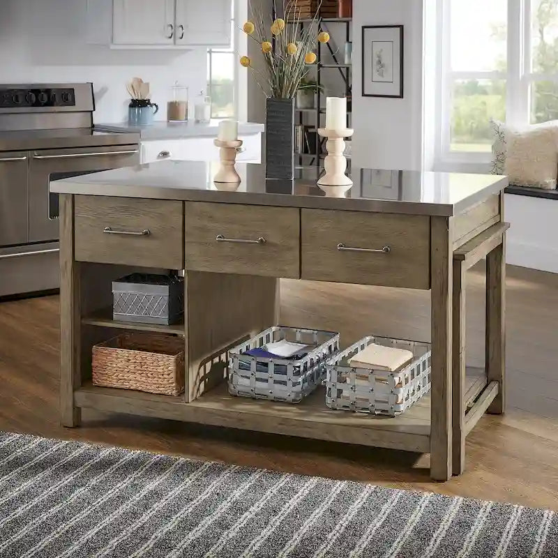 Îlot de cuisine extensible aspect récupéré avec 3 tiroirs – Chêne / Marron / Gris