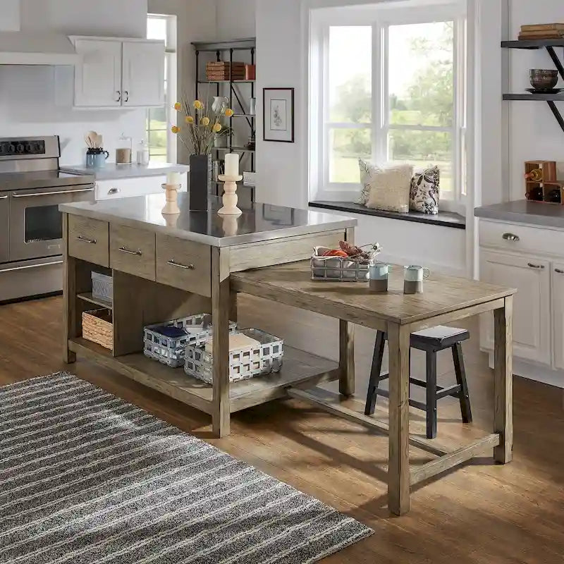 Îlot de cuisine extensible aspect récupéré avec 3 tiroirs – Chêne / Marron / Gris