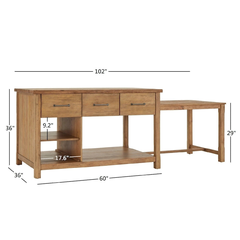Îlot de cuisine extensible aspect récupéré avec 3 tiroirs – Chêne / Marron / Gris