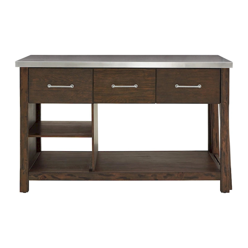 Îlot de cuisine extensible aspect récupéré avec 3 tiroirs – Chêne / Marron / Gris