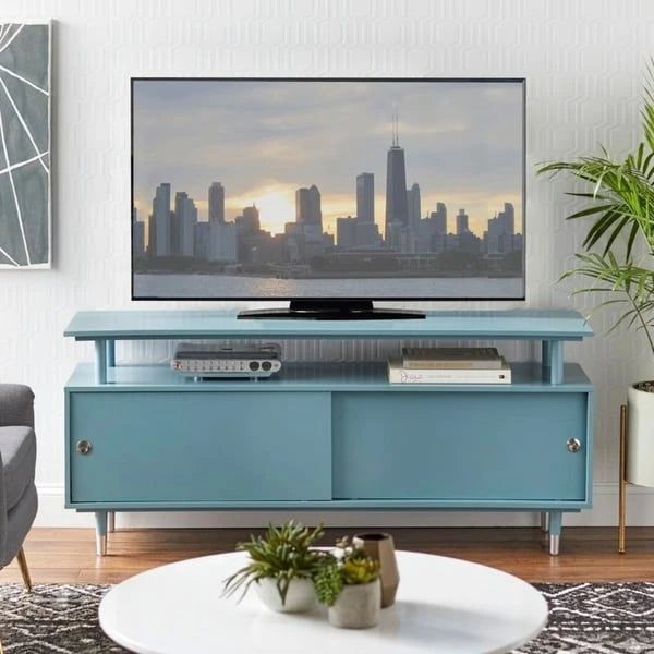 Meuble TV rétro bleu antique avec portes coulissantes, 152 cm