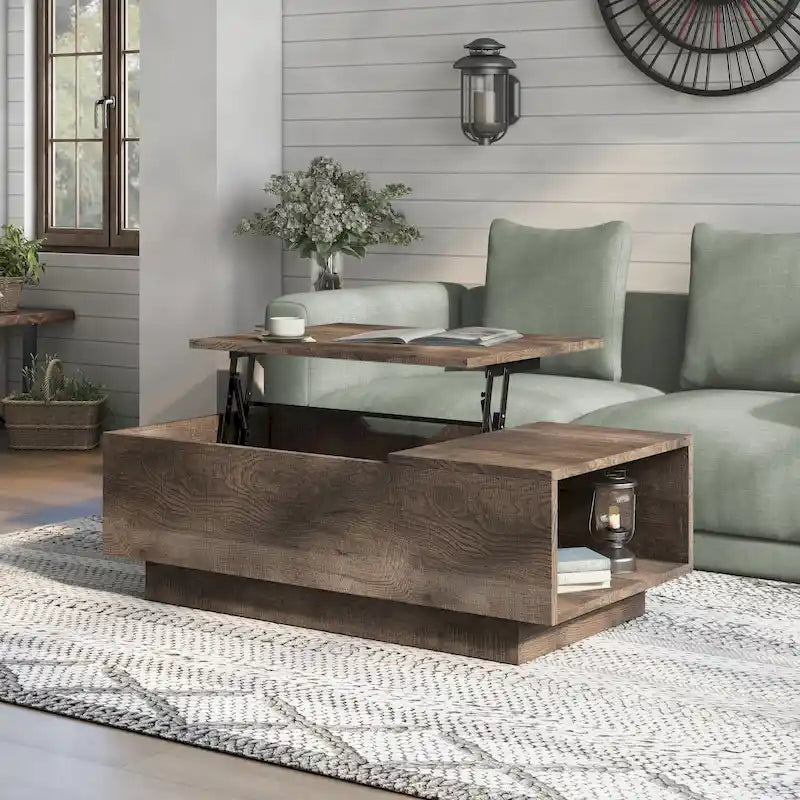 Table basse rustique relevable avec étagère latérale, 119 cm – Chêne recyclé / Chêne gris vintage