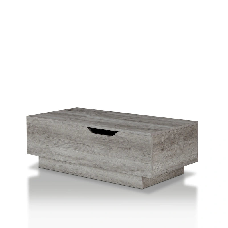 Table basse rustique relevable avec étagère latérale, 119 cm – Chêne recyclé / Chêne gris vintage