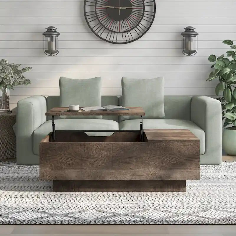 Table basse rustique relevable avec étagère latérale, 119 cm – Chêne recyclé / Chêne gris vintage
