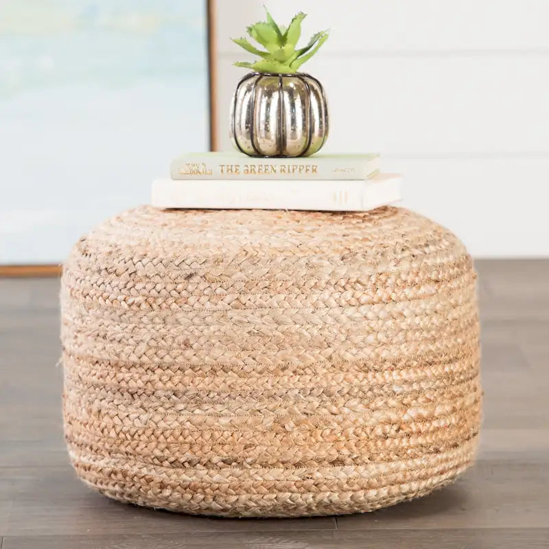 Pouf ottoman rond en jute tressé beige/gris/bleu, individuel