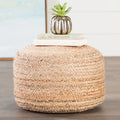 Pouf ottoman rond en jute tressé beige/gris/bleu, individuel