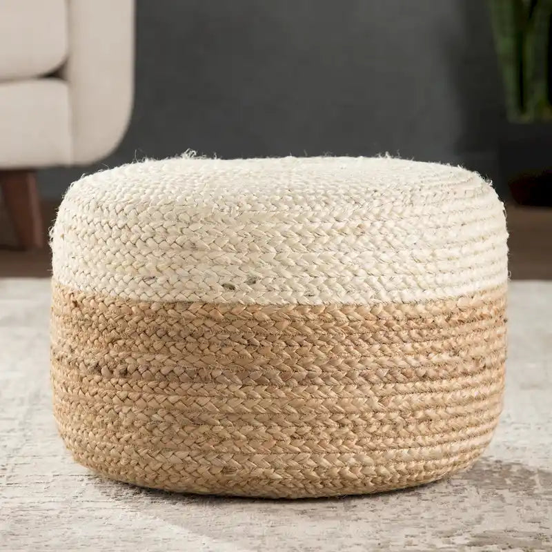 Pouf ottoman rond en jute tressé beige/gris/bleu, individuel