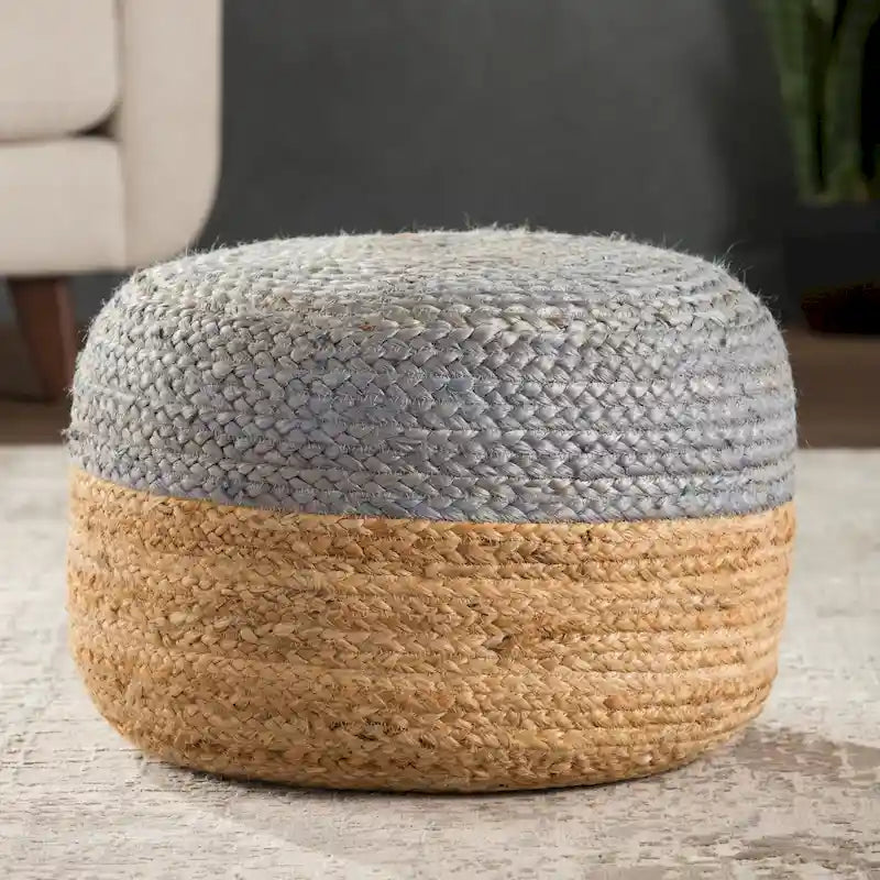 Pouf ottoman rond en jute tressé beige/gris/bleu, individuel