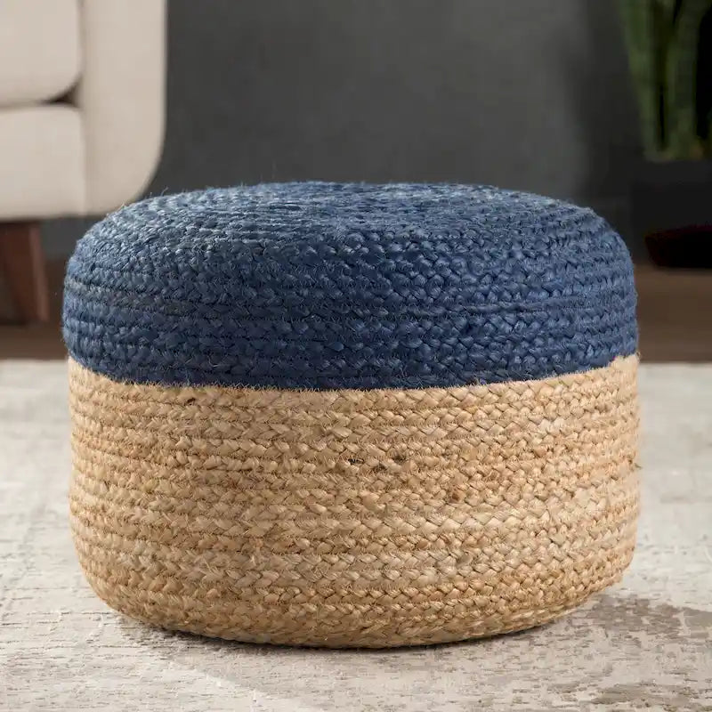 Pouf ottoman rond en jute tressé beige/gris/bleu, individuel
