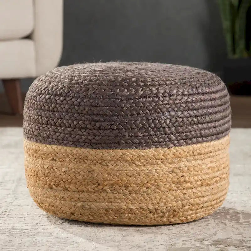 Pouf ottoman rond en jute tressé beige/gris/bleu, individuel