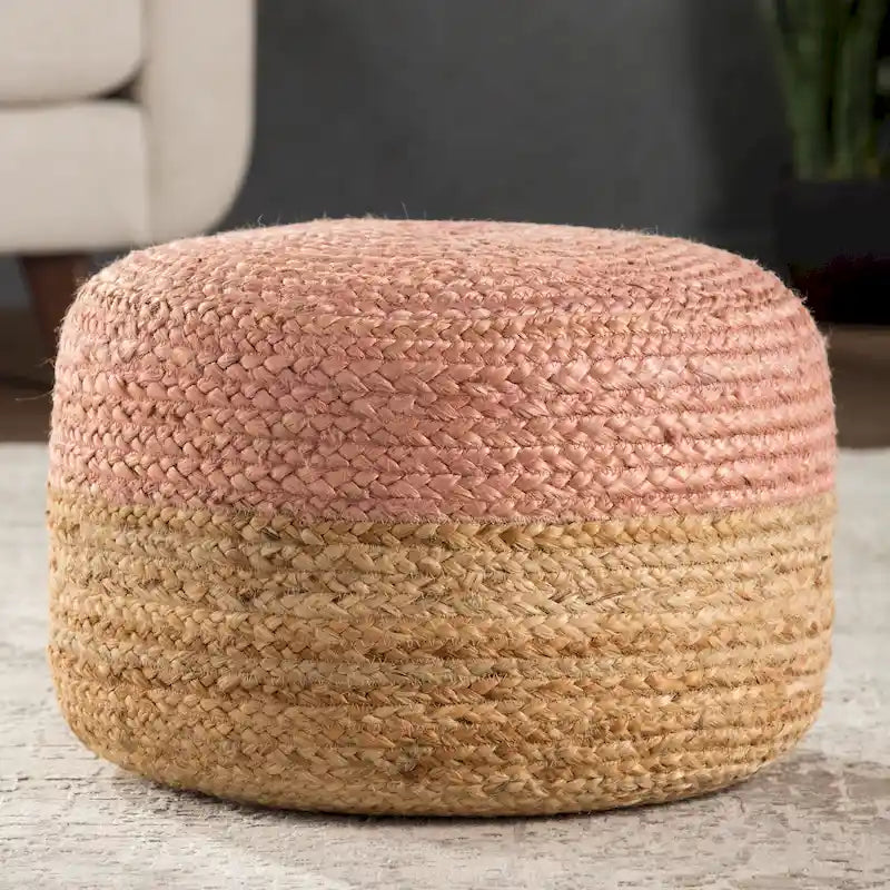 Pouf ottoman rond en jute tressé beige/gris/bleu, individuel