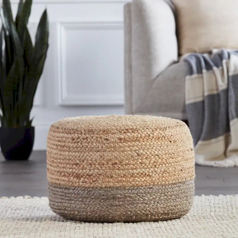 Pouf ottoman rond en jute tressé beige/gris/bleu, individuel