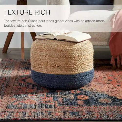 Pouf ottoman rond en jute tressé beige/gris/bleu, individuel