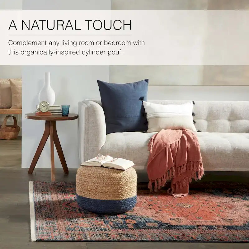 Pouf ottoman rond en jute tressé beige/gris/bleu, individuel