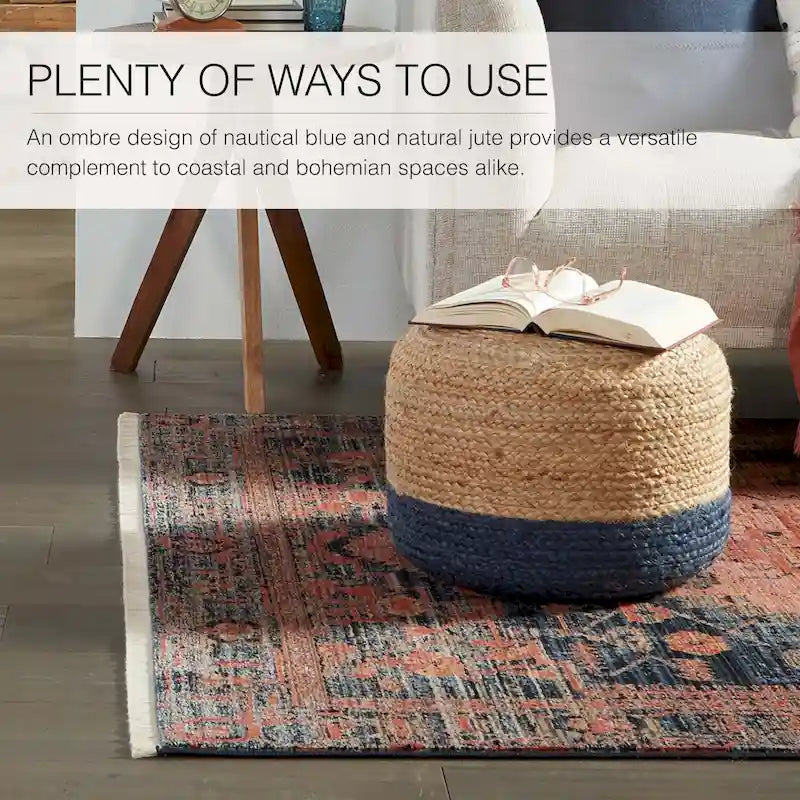 Pouf ottoman rond en jute tressé beige/gris/bleu, individuel