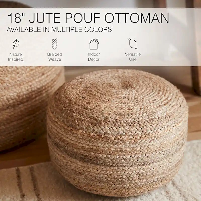 Pouf ottoman rond en jute tressé beige/gris/bleu, individuel