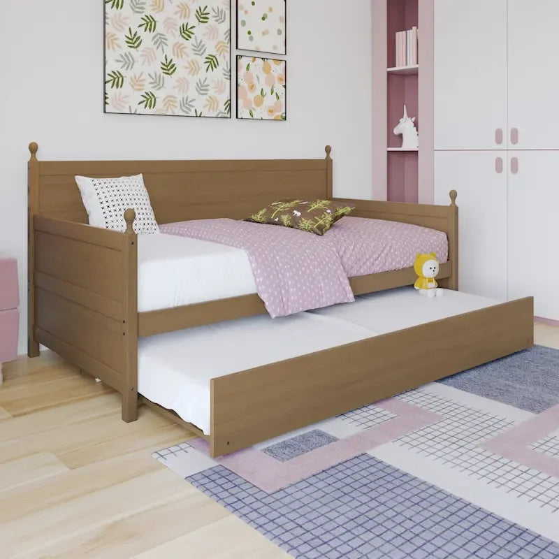 Lit de repos double en bois de style Mid-Century en chêne clair / gris antique / noyer avec lit gigogne, simple