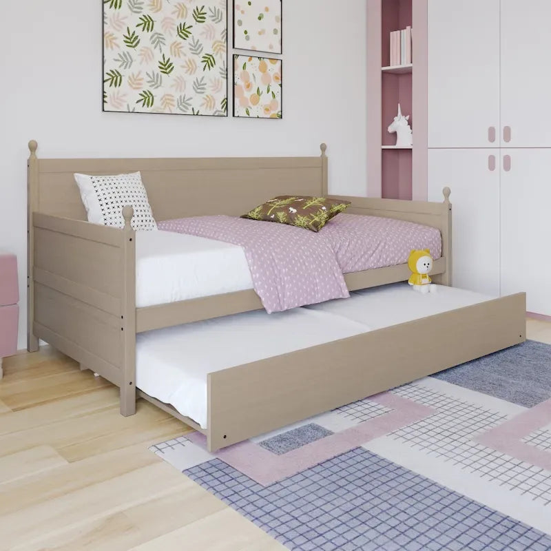 Lit de repos double en bois de style Mid-Century en chêne clair / gris antique / noyer avec lit gigogne, simple