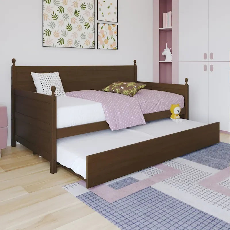 Lit de repos double en bois de style Mid-Century en chêne clair / gris antique / noyer avec lit gigogne, simple
