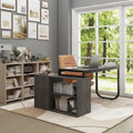 Bureau d'angle taupe / chêne / blanc avec 3 tiroirs et étagères ouvertes, simple