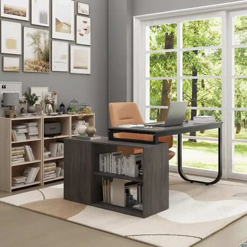 Bureau d'angle taupe / chêne / blanc avec 3 tiroirs et étagères ouvertes, simple