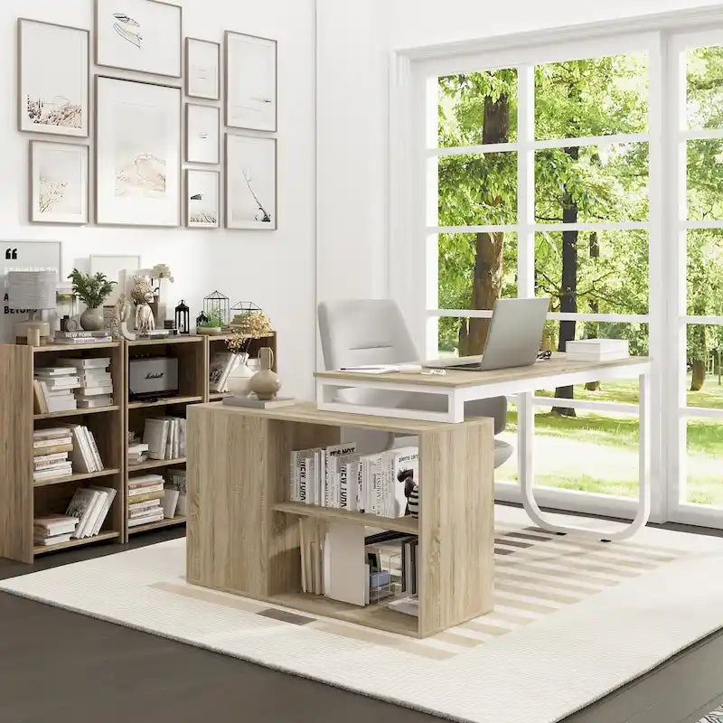 Bureau d'angle taupe / chêne / blanc avec 3 tiroirs et étagères ouvertes, simple