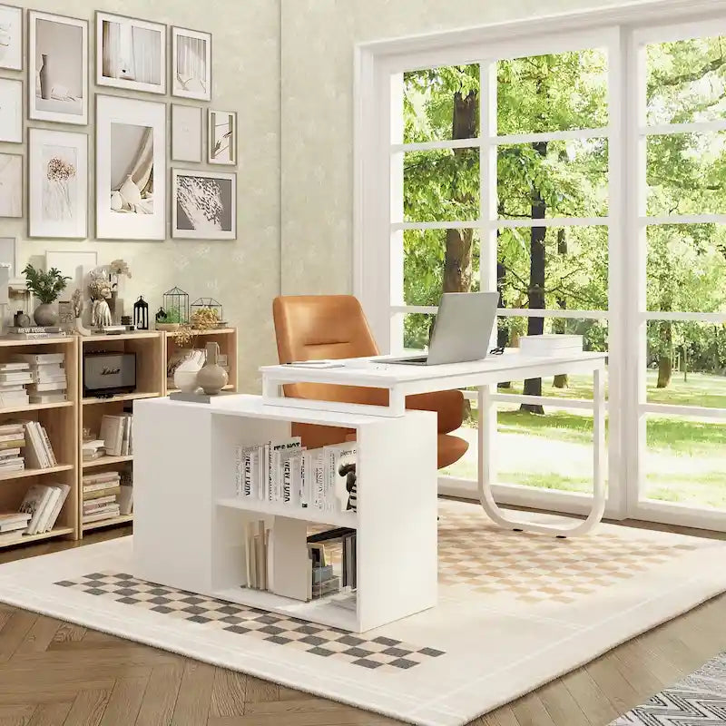 Bureau d'angle taupe / chêne / blanc avec 3 tiroirs et étagères ouvertes, simple