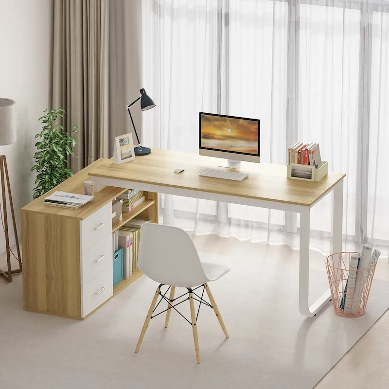Bureau d'angle taupe / chêne / blanc avec 3 tiroirs et étagères ouvertes, simple