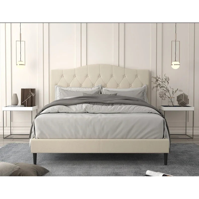 Lit plateforme rembourré avec dossier camel matelassé boutons beige/gris, simple
