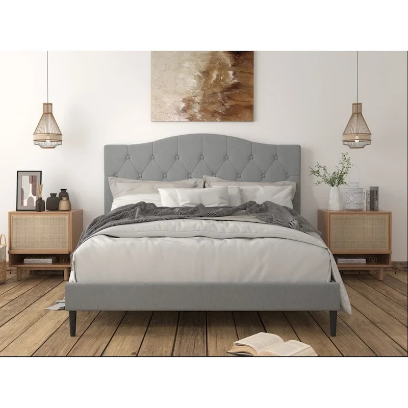 Lit plateforme rembourré avec dossier camel matelassé boutons beige/gris, simple