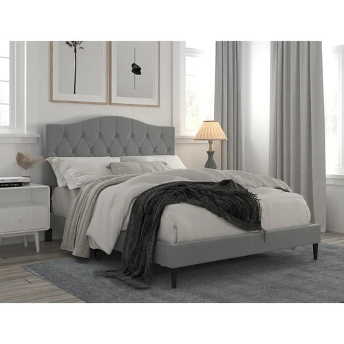 Lit plateforme rembourré avec dossier camel matelassé boutons beige/gris, simple