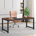 Bureau d'ordinateur ouvert grande taille marron et noir / blanc cassé avec cadre en acier, pour 4 à 6 personnes