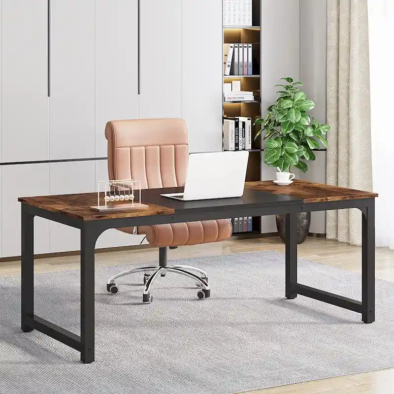 Bureau d'ordinateur ouvert grande taille marron et noir / blanc cassé avec cadre en acier, pour 4 à 6 personnes