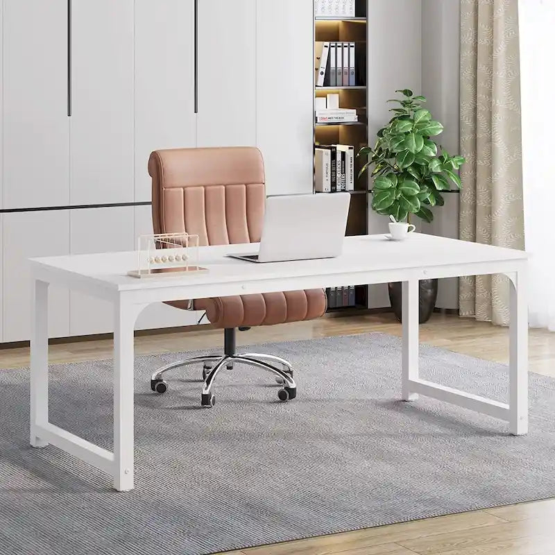 Bureau d'ordinateur ouvert grande taille marron et noir / blanc cassé avec cadre en acier, pour 4 à 6 personnes