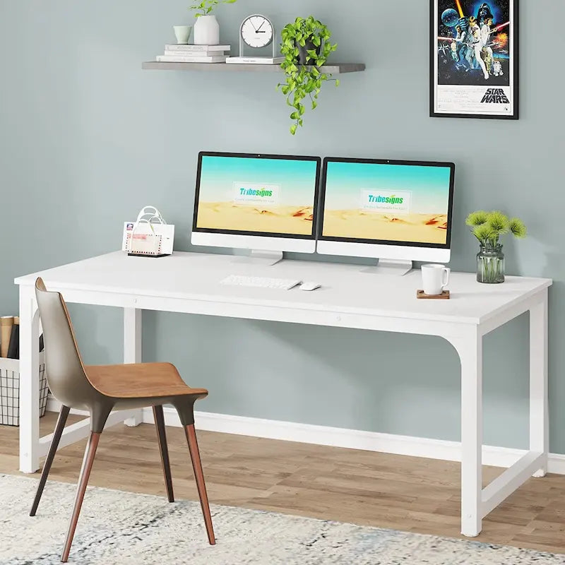 Bureau d'ordinateur ouvert grande taille marron et noir / blanc cassé avec cadre en acier, pour 4 à 6 personnes