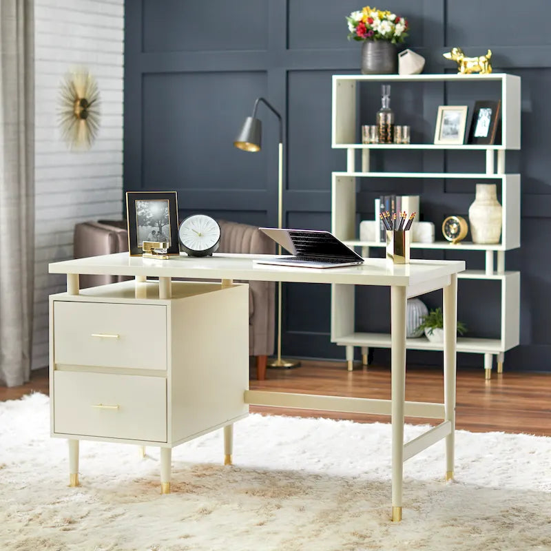 Bureau moderne du milieu du siècle avec 2 tiroirs – Noyer / Rose poudré / Blanc antique / Gris anthracite