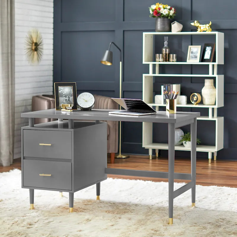 Bureau moderne du milieu du siècle avec 2 tiroirs – Noyer / Rose poudré / Blanc antique / Gris anthracite