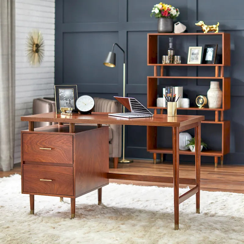 Bureau moderne du milieu du siècle avec 2 tiroirs – Noyer / Rose poudré / Blanc antique / Gris anthracite
