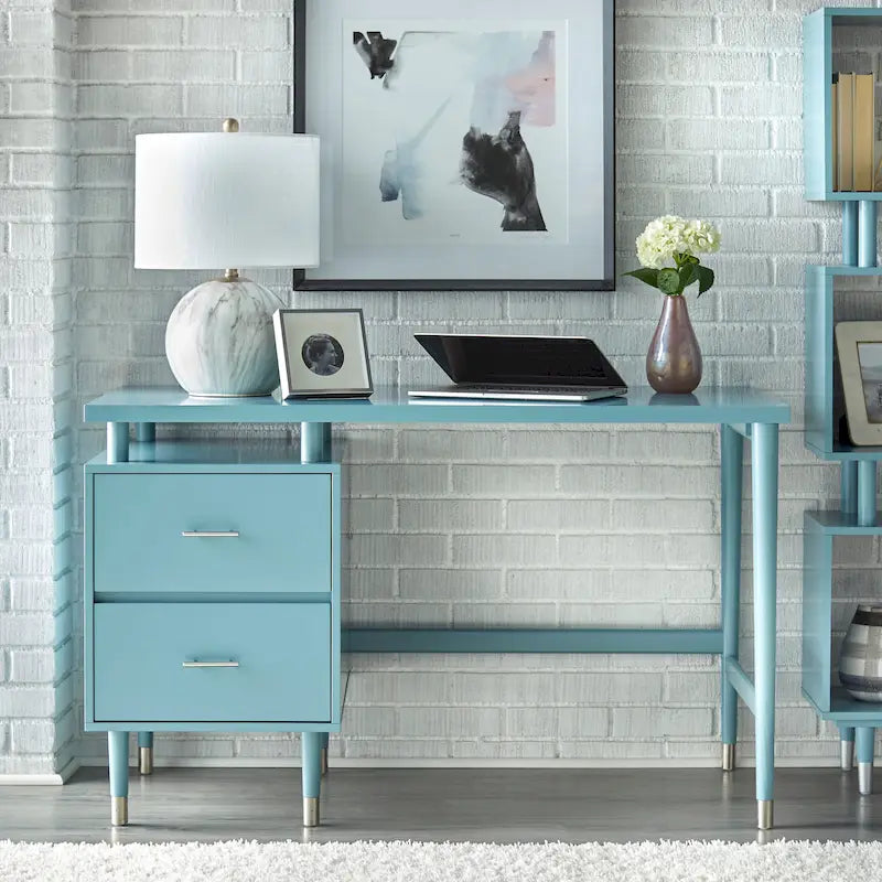 Bureau moderne du milieu du siècle avec 2 tiroirs – Noyer / Rose poudré / Blanc antique / Gris anthracite